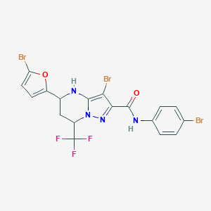 molecular formula C18H12Br3F3N4O2 B443747 3-bromo-5-(5-bromo-2-furyl)-N-(4-bromophenyl)-7-(trifluoromethyl)-4,5,6,7-tetrahydropyrazolo[1,5-a]pyrimidine-2-carboxamide 