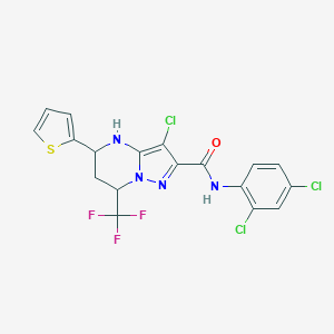 molecular formula C18H12Cl3F3N4OS B443756 3-chloro-N-(2,4-dichlorophenyl)-5-(2-thienyl)-7-(trifluoromethyl)-4,5,6,7-tetrahydropyrazolo[1,5-a]pyrimidine-2-carboxamide 