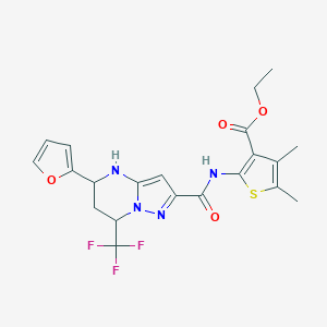 molecular formula C21H21F3N4O4S B443781 Ethyl 2-({[5-(2-furyl)-7-(trifluoromethyl)-4,5,6,7-tetrahydropyrazolo[1,5-a]pyrimidin-2-yl]carbonyl}amino)-4,5-dimethyl-3-thiophenecarboxylate 