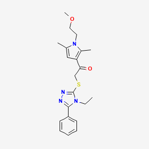 molecular formula C21H26N4O2S B4437892 2-[(4-ethyl-5-phenyl-4H-1,2,4-triazol-3-yl)thio]-1-[1-(2-methoxyethyl)-2,5-dimethyl-1H-pyrrol-3-yl]ethanone 
