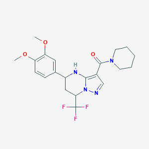 molecular formula C21H25F3N4O3 B443811 5-(3,4-Dimethoxyphenyl)-3-(1-piperidinylcarbonyl)-7-(trifluoromethyl)-4,5,6,7-tetrahydropyrazolo[1,5-a]pyrimidine 