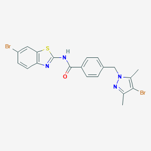 molecular formula C20H16Br2N4OS B443832 N-(6-bromo-1,3-benzothiazol-2-yl)-4-[(4-bromo-3,5-dimethyl-1H-pyrazol-1-yl)methyl]benzamide 
