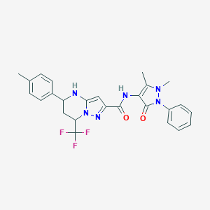 molecular formula C26H25F3N6O2 B443834 N-(1,5-dimethyl-3-oxo-2-phenyl-2,3-dihydro-1H-pyrazol-4-yl)-5-(4-methylphenyl)-7-(trifluoromethyl)-4,5,6,7-tetrahydropyrazolo[1,5-a]pyrimidine-2-carboxamide 