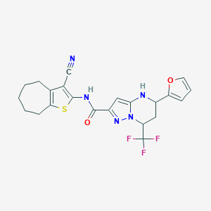 molecular formula C22H20F3N5O2S B443873 N-(3-cyano-5,6,7,8-tetrahydro-4H-cyclohepta[b]thiophen-2-yl)-5-(furan-2-yl)-7-(trifluoromethyl)-4,5,6,7-tetrahydropyrazolo[1,5-a]pyrimidine-2-carboxamide 