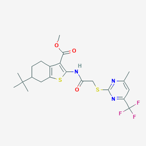 molecular formula C22H26F3N3O3S2 B443876 Methyl 6-tert-butyl-2-[({[4-methyl-6-(trifluoromethyl)-2-pyrimidinyl]sulfanyl}acetyl)amino]-4,5,6,7-tetrahydro-1-benzothiophene-3-carboxylate 