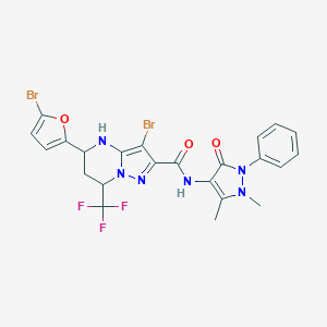 molecular formula C23H19Br2F3N6O3 B443934 3-bromo-5-(5-bromofuran-2-yl)-N-(1,5-dimethyl-3-oxo-2-phenyl-2,3-dihydro-1H-pyrazol-4-yl)-7-(trifluoromethyl)-4,5,6,7-tetrahydropyrazolo[1,5-a]pyrimidine-2-carboxamide 