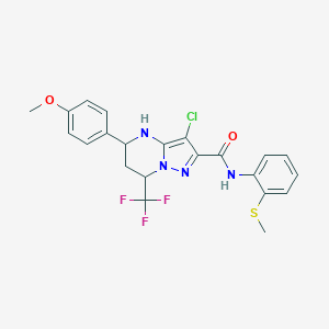 molecular formula C22H20ClF3N4O2S B443952 3-chloro-5-(4-methoxyphenyl)-N-[2-(methylsulfanyl)phenyl]-7-(trifluoromethyl)-4,5,6,7-tetrahydropyrazolo[1,5-a]pyrimidine-2-carboxamide 