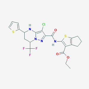 molecular formula C22H20ClF3N4O3S2 B443955 ethyl 2-({[3-chloro-5-(2-thienyl)-7-(trifluoromethyl)-4,5,6,7-tetrahydropyrazolo[1,5-a]pyrimidin-2-yl]carbonyl}amino)-5,6-dihydro-4H-cyclopenta[b]thiophene-3-carboxylate 
