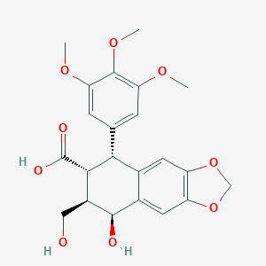 molecular formula C22H24O9 B044396 (5R,6R,7R,8S)-8-Hydroxy-7-(hydroxymethyl)-5-(3,4,5-trimethoxyphenyl)-5,6,7,8-tetrahydrobenzo[f][1,3]benzodioxole-6-carboxylic acid CAS No. 113565-15-4