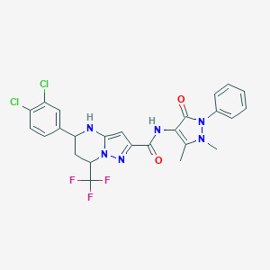 molecular formula C25H21Cl2F3N6O2 B444020 5-(3,4-dichlorophenyl)-N-(1,5-dimethyl-3-oxo-2-phenyl-2,3-dihydro-1H-pyrazol-4-yl)-7-(trifluoromethyl)-4,5,6,7-tetrahydropyrazolo[1,5-a]pyrimidine-2-carboxamide 