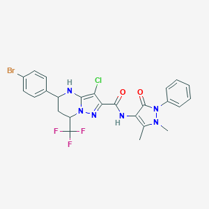 molecular formula C25H21BrClF3N6O2 B444022 5-(4-bromophenyl)-3-chloro-N-(1,5-dimethyl-3-oxo-2-phenyl-2,3-dihydro-1H-pyrazol-4-yl)-7-(trifluoromethyl)-4,5,6,7-tetrahydropyrazolo[1,5-a]pyrimidine-2-carboxamide 