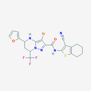 molecular formula C21H17BrF3N5O2S B444043 3-bromo-N~2~-(3-cyano-4,5,6,7-tetrahydro-1-benzothiophen-2-yl)-5-(2-furyl)-7-(trifluoromethyl)-4,5,6,7-tetrahydropyrazolo[1,5-a]pyrimidine-2-carboxamide 
