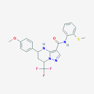 molecular formula C22H21F3N4O2S B444047 5-(4-methoxyphenyl)-N-[2-(methylsulfanyl)phenyl]-7-(trifluoromethyl)-4,5,6,7-tetrahydropyrazolo[1,5-a]pyrimidine-3-carboxamide 
