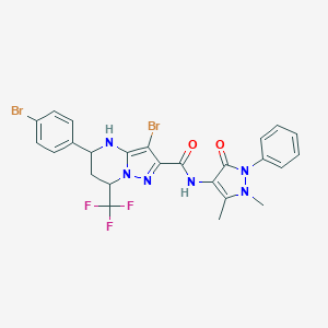 molecular formula C25H21Br2F3N6O2 B444052 3-bromo-5-(4-bromophenyl)-N-(1,5-dimethyl-3-oxo-2-phenyl-2,3-dihydro-1H-pyrazol-4-yl)-7-(trifluoromethyl)-4,5,6,7-tetrahydropyrazolo[1,5-a]pyrimidine-2-carboxamide 