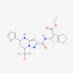 molecular formula C22H21F3N4O4S B444055 ethyl 2-({[5-(2-furyl)-7-(trifluoromethyl)-4,5,6,7-tetrahydropyrazolo[1,5-a]pyrimidin-2-yl]carbonyl}amino)-5,6-dihydro-4H-cyclopenta[b]thiophene-3-carboxylate 