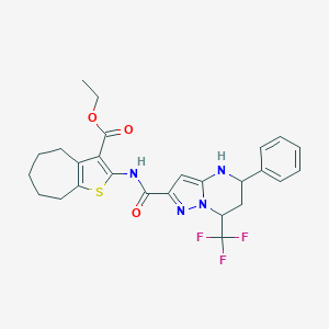 molecular formula C26H27F3N4O3S B444056 ethyl 2-({[5-phenyl-7-(trifluoromethyl)-4,5,6,7-tetrahydropyrazolo[1,5-a]pyrimidin-2-yl]carbonyl}amino)-5,6,7,8-tetrahydro-4H-cyclohepta[b]thiophene-3-carboxylate 