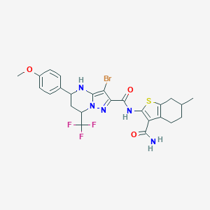 molecular formula C25H25BrF3N5O3S B444062 N-[3-(aminocarbonyl)-6-methyl-4,5,6,7-tetrahydro-1-benzothien-2-yl]-3-bromo-5-(4-methoxyphenyl)-7-(trifluoromethyl)-4,5,6,7-tetrahydropyrazolo[1,5-a]pyrimidine-2-carboxamide 