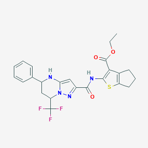 molecular formula C24H23F3N4O3S B444069 ethyl 2-({[5-phenyl-7-(trifluoromethyl)-4,5,6,7-tetrahydropyrazolo[1,5-a]pyrimidin-2-yl]carbonyl}amino)-5,6-dihydro-4H-cyclopenta[b]thiophene-3-carboxylate 