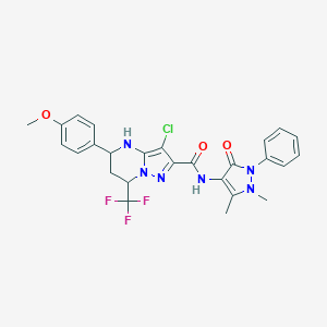 molecular formula C26H24ClF3N6O3 B444085 3-chloro-N-(1,5-dimethyl-3-oxo-2-phenyl-2,3-dihydro-1H-pyrazol-4-yl)-5-(4-methoxyphenyl)-7-(trifluoromethyl)-4,5,6,7-tetrahydropyrazolo[1,5-a]pyrimidine-2-carboxamide 