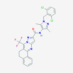 molecular formula C28H21Cl2F3N6O B444094 N-[1-(2,6-dichlorobenzyl)-3,5-dimethyl-1H-pyrazol-4-yl]-7-(trifluoromethyl)-5,6-dihydrobenzo[h]pyrazolo[5,1-b]quinazoline-10-carboxamide 
