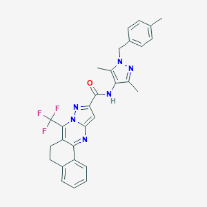 molecular formula C29H25F3N6O B444108 N-[3,5-dimethyl-1-(4-methylbenzyl)-1H-pyrazol-4-yl]-7-(trifluoromethyl)-5,6-dihydrobenzo[h]pyrazolo[5,1-b]quinazoline-10-carboxamide 