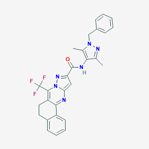 molecular formula C28H23F3N6O B444118 N-(1-benzyl-3,5-dimethyl-1H-pyrazol-4-yl)-7-(trifluoromethyl)-5,6-dihydrobenzo[h]pyrazolo[5,1-b]quinazoline-10-carboxamide 