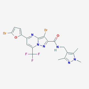 molecular formula C19H15Br2F3N6O2 B444127 3-bromo-5-(5-bromo-2-furyl)-7-(trifluoromethyl)-N-[(1,3,5-trimethyl-1H-pyrazol-4-yl)methyl]pyrazolo[1,5-a]pyrimidine-2-carboxamide 