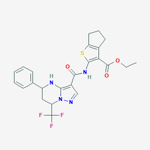 molecular formula C24H23F3N4O3S B444129 ethyl 2-({[5-phenyl-7-(trifluoromethyl)-4,5,6,7-tetrahydropyrazolo[1,5-a]pyrimidin-3-yl]carbonyl}amino)-5,6-dihydro-4H-cyclopenta[b]thiophene-3-carboxylate 