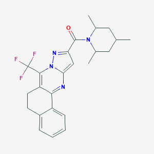 molecular formula C24H25F3N4O B444130 7-(Trifluoromethyl)-10-[(2,4,6-trimethyl-1-piperidinyl)carbonyl]-5,6-dihydrobenzo[h]pyrazolo[5,1-b]quinazoline 