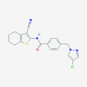 molecular formula C20H17ClN4OS B444136 4-[(4-chloro-1H-pyrazol-1-yl)methyl]-N-(3-cyano-4,5,6,7-tetrahydro-1-benzothien-2-yl)benzamide CAS No. 489451-01-6