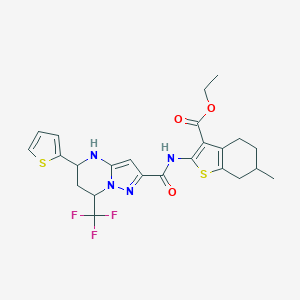 molecular formula C24H25F3N4O3S2 B444137 Ethyl 6-methyl-2-({[5-(2-thienyl)-7-(trifluoromethyl)-4,5,6,7-tetrahydropyrazolo[1,5-a]pyrimidin-2-yl]carbonyl}amino)-4,5,6,7-tetrahydro-1-benzothiophene-3-carboxylate 