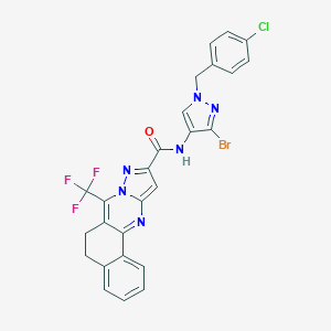 molecular formula C26H17BrClF3N6O B444140 N-[3-bromo-1-(4-chlorobenzyl)-1H-pyrazol-4-yl]-7-(trifluoromethyl)-5,6-dihydrobenzo[h]pyrazolo[5,1-b]quinazoline-10-carboxamide 