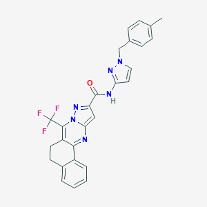 molecular formula C27H21F3N6O B444141 N-[1-(4-methylbenzyl)-1H-pyrazol-3-yl]-7-(trifluoromethyl)-5,6-dihydrobenzo[h]pyrazolo[5,1-b]quinazoline-10-carboxamide 