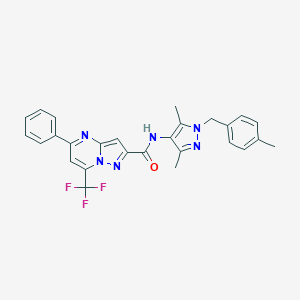 molecular formula C27H23F3N6O B444151 N-[3,5-dimethyl-1-(4-methylbenzyl)-1H-pyrazol-4-yl]-5-phenyl-7-(trifluoromethyl)pyrazolo[1,5-a]pyrimidine-2-carboxamide 