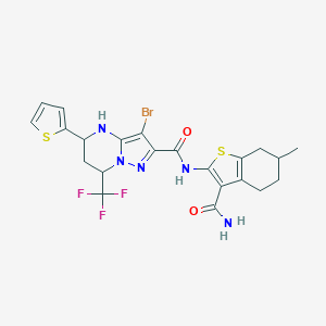 molecular formula C22H21BrF3N5O2S2 B444162 N-[3-(aminocarbonyl)-6-methyl-4,5,6,7-tetrahydro-1-benzothien-2-yl]-3-bromo-5-(2-thienyl)-7-(trifluoromethyl)-4,5,6,7-tetrahydropyrazolo[1,5-a]pyrimidine-2-carboxamide 