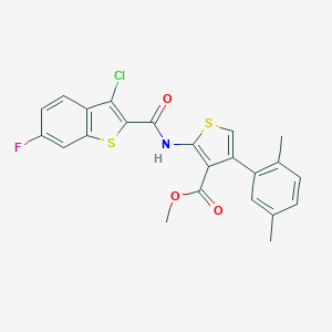 molecular formula C23H17ClFNO3S2 B444171 Methyl 2-{[(3-chloro-6-fluoro-1-benzothien-2-yl)carbonyl]amino}-4-(2,5-dimethylphenyl)-3-thiophenecarboxylate 