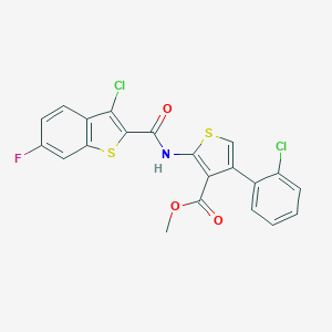 molecular formula C21H12Cl2FNO3S2 B444182 Methyl 2-{[(3-chloro-6-fluoro-1-benzothien-2-yl)carbonyl]amino}-4-(2-chlorophenyl)-3-thiophenecarboxylate 