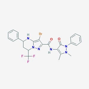 molecular formula C25H22BrF3N6O2 B444187 3-bromo-N-(1,5-dimethyl-3-oxo-2-phenyl-2,3-dihydro-1H-pyrazol-4-yl)-5-phenyl-7-(trifluoromethyl)-4,5,6,7-tetrahydropyrazolo[1,5-a]pyrimidine-2-carboxamide 