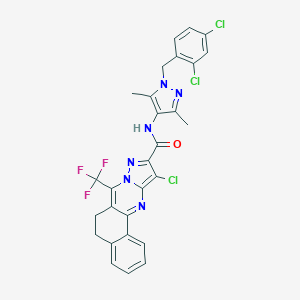 molecular formula C28H20Cl3F3N6O B444199 11-chloro-N-[1-(2,4-dichlorobenzyl)-3,5-dimethyl-1H-pyrazol-4-yl]-7-(trifluoromethyl)-5,6-dihydrobenzo[h]pyrazolo[5,1-b]quinazoline-10-carboxamide 