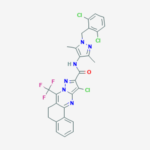 molecular formula C28H20Cl3F3N6O B444204 11-chloro-N-[1-(2,6-dichlorobenzyl)-3,5-dimethyl-1H-pyrazol-4-yl]-7-(trifluoromethyl)-5,6-dihydrobenzo[h]pyrazolo[5,1-b]quinazoline-10-carboxamide 