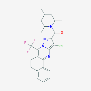 molecular formula C24H24ClF3N4O B444208 11-Chloro-7-(trifluoromethyl)-10-[(2,4,6-trimethyl-1-piperidinyl)carbonyl]-5,6-dihydrobenzo[h]pyrazolo[5,1-b]quinazoline 