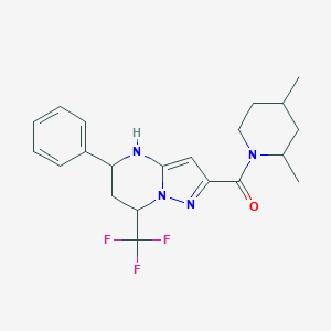 molecular formula C21H25F3N4O B444215 2-[(2,4-Dimethyl-1-piperidinyl)carbonyl]-5-phenyl-7-(trifluoromethyl)-4,5,6,7-tetrahydropyrazolo[1,5-a]pyrimidine 