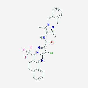 molecular formula C29H24ClF3N6O B444220 11-chloro-N-[3,5-dimethyl-1-(2-methylbenzyl)-1H-pyrazol-4-yl]-7-(trifluoromethyl)-5,6-dihydrobenzo[h]pyrazolo[5,1-b]quinazoline-10-carboxamide 