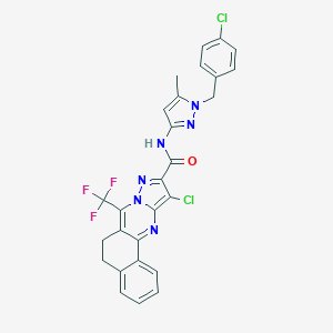 molecular formula C27H19Cl2F3N6O B444223 11-chloro-N-[1-(4-chlorobenzyl)-5-methyl-1H-pyrazol-3-yl]-7-(trifluoromethyl)-5,6-dihydrobenzo[h]pyrazolo[5,1-b]quinazoline-10-carboxamide 