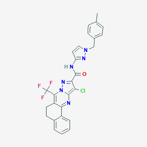 molecular formula C27H20ClF3N6O B444226 11-chloro-N-[1-(4-methylbenzyl)-1H-pyrazol-3-yl]-7-(trifluoromethyl)-5,6-dihydrobenzo[h]pyrazolo[5,1-b]quinazoline-10-carboxamide 