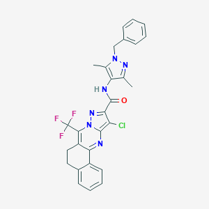 molecular formula C28H22ClF3N6O B444248 N-(1-benzyl-3,5-dimethyl-1H-pyrazol-4-yl)-11-chloro-7-(trifluoromethyl)-5,6-dihydrobenzo[h]pyrazolo[5,1-b]quinazoline-10-carboxamide 