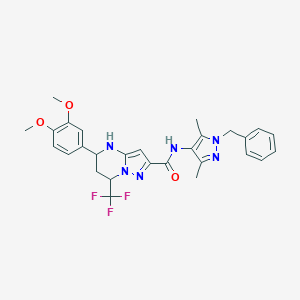 molecular formula C28H29F3N6O3 B444275 N-(1-benzyl-3,5-dimethyl-1H-pyrazol-4-yl)-5-(3,4-dimethoxyphenyl)-7-(trifluoromethyl)-4,5,6,7-tetrahydropyrazolo[1,5-a]pyrimidine-2-carboxamide 