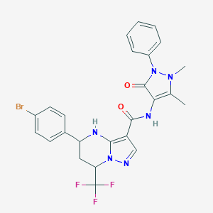 molecular formula C25H22BrF3N6O2 B444284 5-(4-bromophenyl)-N-(1,5-dimethyl-3-oxo-2-phenyl-2,3-dihydro-1H-pyrazol-4-yl)-7-(trifluoromethyl)-4,5,6,7-tetrahydropyrazolo[1,5-a]pyrimidine-3-carboxamide 