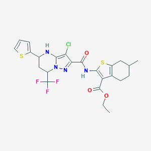 molecular formula C24H24ClF3N4O3S2 B444287 Ethyl 2-({[3-chloro-5-(2-thienyl)-7-(trifluoromethyl)-4,5,6,7-tetrahydropyrazolo[1,5-a]pyrimidin-2-yl]carbonyl}amino)-6-methyl-4,5,6,7-tetrahydro-1-benzothiophene-3-carboxylate 
