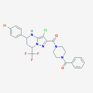 molecular formula C25H22BrClF3N5O2 B444289 2-[(4-Benzoyl-1-piperazinyl)carbonyl]-5-(4-bromophenyl)-3-chloro-7-(trifluoromethyl)-4,5,6,7-tetrahydropyrazolo[1,5-a]pyrimidine 